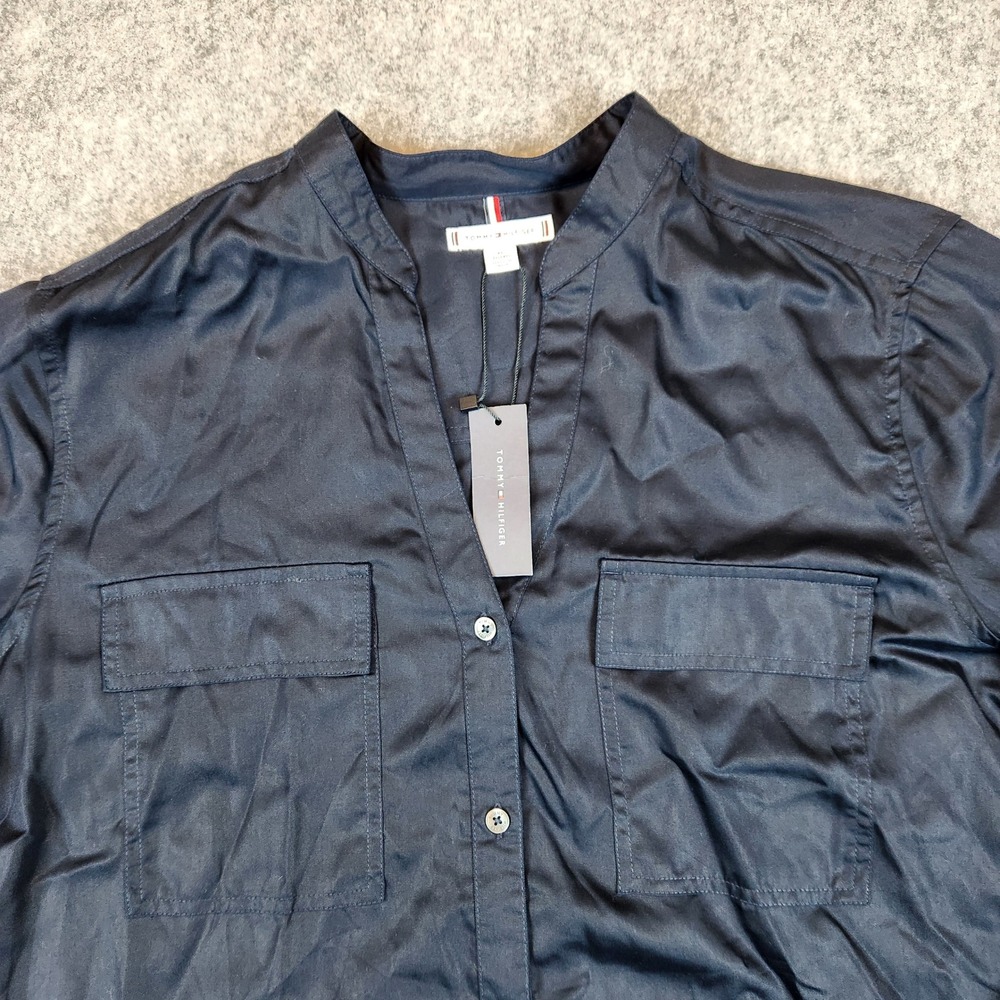NWT Tommy Hilfiger Utility Shirt Women‎ XL Blue Lyocell Roll Tab Blouse Midnight - Picture 3 of 14